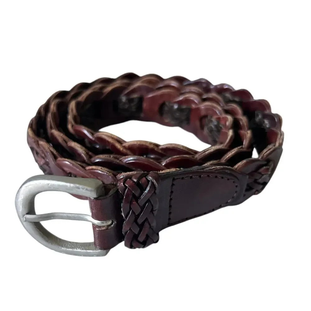 Vintage Womens Size M/L Genuine Leather Boho Brown Burgundy Braided Leather Belt